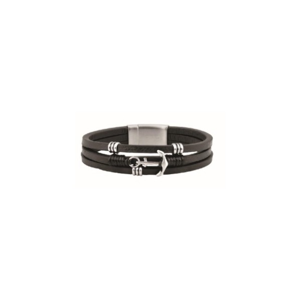 Bracelet OFFICINA 1986 Multi-rangs Cuir Noir Ancre - OI076