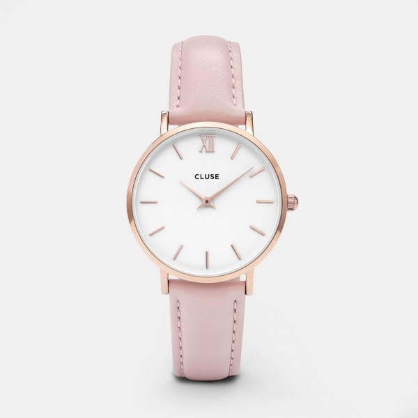 Montre femme CLUSE Minuit cadran blanc/bracelet cuir rose - CW0101203006