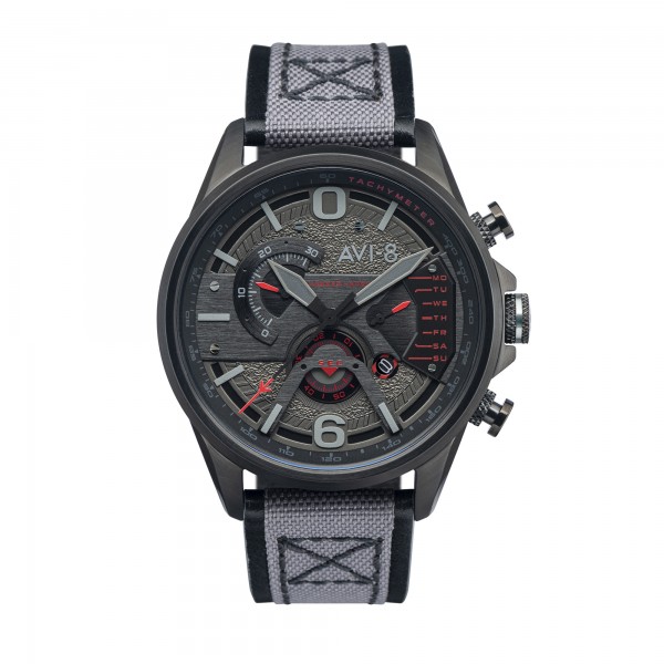 AVI8 "HAWKER HARRIER II"qtz chrono J/D-rd ac inoxy N-cad gris-cuir gris+tissu