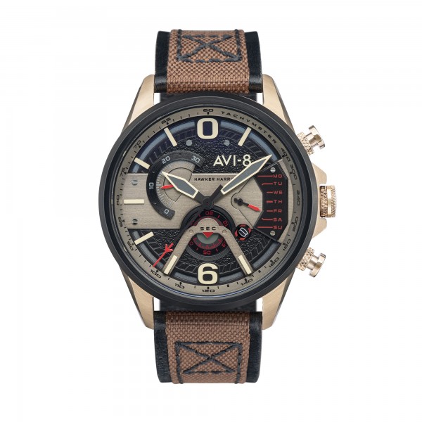 AVI8 "HAWKER HARRIER II"qtz chrono J/D-rd ac inoxy kaki-cad N-cuir marron+tissu