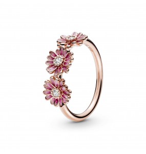 Daisy Pandora Rose ring with clear cubic zirconia and shaded pink enamel