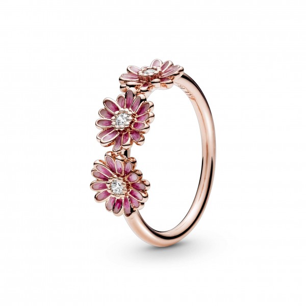 Daisy Pandora Rose ring with clear cubic zirconia and shaded pink enamel