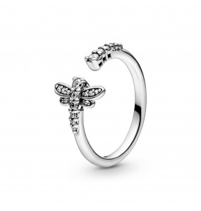 Dragonfly sterling silver open ring with clear cubic zirconia
