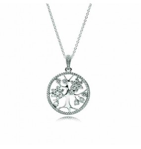 Tree of life silver pendant with clear cubic zirconia and necklace