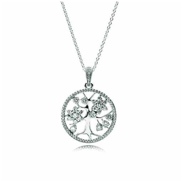 Tree of life silver pendant with clear cubic zirconia and necklace