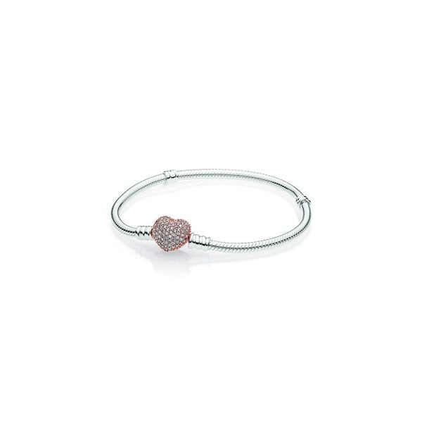 Snake chain silver bracelet with PANDORA Rose heart clasp and clear cubic zirconia Snake chain silver bracelet with PANDORA Rose heart clasp and clear cubic zirconia