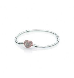 Snake chain silver bracelet with PANDORA Rose heart clasp and clear cubic zirconia