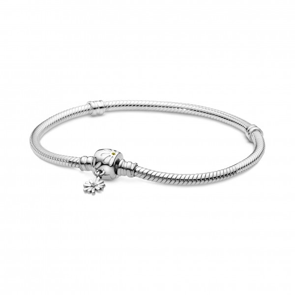 Snake chain sterling silver bracelet and daisy clasp with yellow crystal, clear cubic zirconia and white enamel