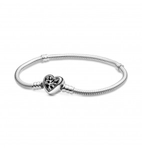 Snake chain sterling silver bracelet and heart clasp with clear cubic zirconia and black enamel