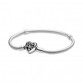 Snake chain sterling silver bracelet and heart clasp with clear cubic zirconia and black enamel