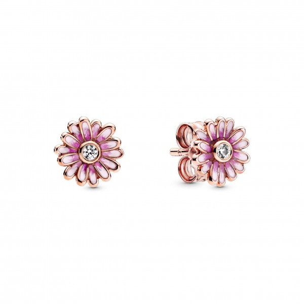 Daisy Pandora Rose stud earrings with clear cubic zirconia and shaded pink enamel