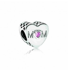 Mum heart silver charm with pink cubic zirconia