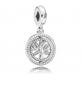 Spinning tree of life silver dangle with clear cubic zirconia and white enamel