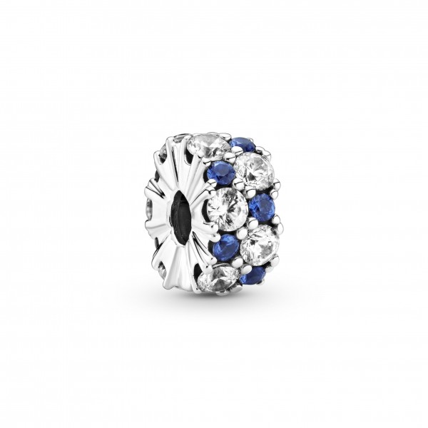 Sterling silver clip with clear cubic zirconia and stellar blue crystal and silicone grip