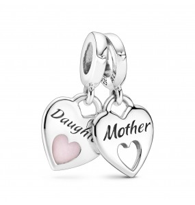 Mother and daughter hearts sterling silver split dangle with shimmering pink enamel