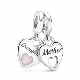 Mother and daughter hearts sterling silver split dangle with shimmering pink enamel