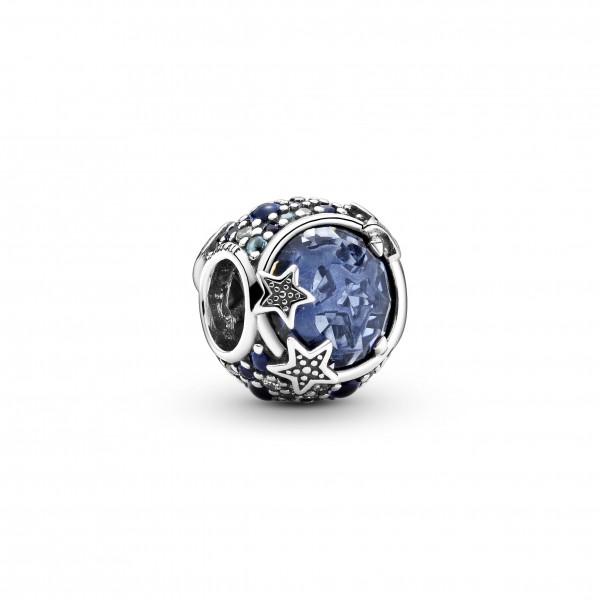 Crescent moon and star sterling silver charm with skylight blue, stellar blue, true blue and icy blue crystal and clear