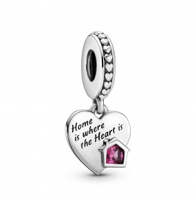 House and heart sterling silver dangle with phlox pink crystal