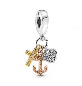 Anchor, heart and cross in sterling silver, Pandora Shine and Pandora Rose dangle with clear cubic zirconia