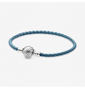 Bracelet en Cuir Tressé PANDORA Turquoise Fermoir Coquillage 17,5 cm