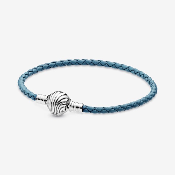 Bracelet en Cuir Tressé PANDORA Turquoise Fermoir Coquillage 17,5 cm