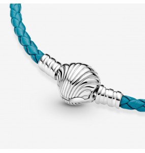 Bracelet en Cuir Tressé PANDORA Turquoise Fermoir Coquillage 17,5 cm