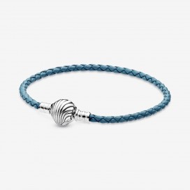 Bracelet en Cuir Tressé PANDORA Turquoise Fermoir Coquillage 20,5 cm