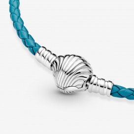 Bracelet en Cuir Tressé PANDORA Turquoise Fermoir Coquillage 20,5 cm
