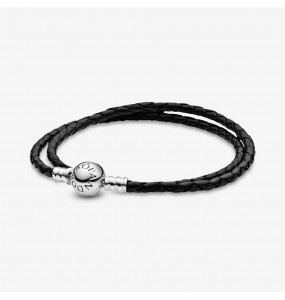 Double Bracelet en Cuir Noir PANDORA Moments - 590745CBK-D3