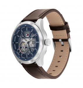 Montre Tommy Hilfiger Oliver Homme - Boitier acier argenté - Bracelet Cuir Marron
