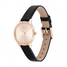 Calvin Klein - Montre Timeless 2H acier doré rose et bracelet cuir noir - Ref 25200060