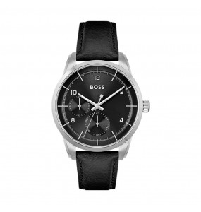 Montre Homme Hugo Boss Sport Lux  - Boîtier acier argenté - Bracelet cuir Noir - Ref 1513941