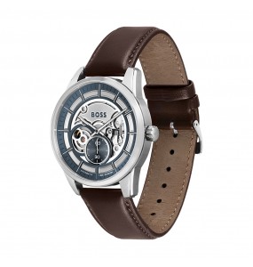 Montre Homme Hugo Boss Automatique Sport Lux  - Boîtier acier argenté - Bracelet cuir Marron - Ref 1513944