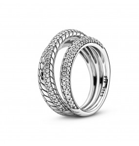 Pandora Bijou Argent - Triple Anneau Motif Maille Serpent Pavé - Doigt 52