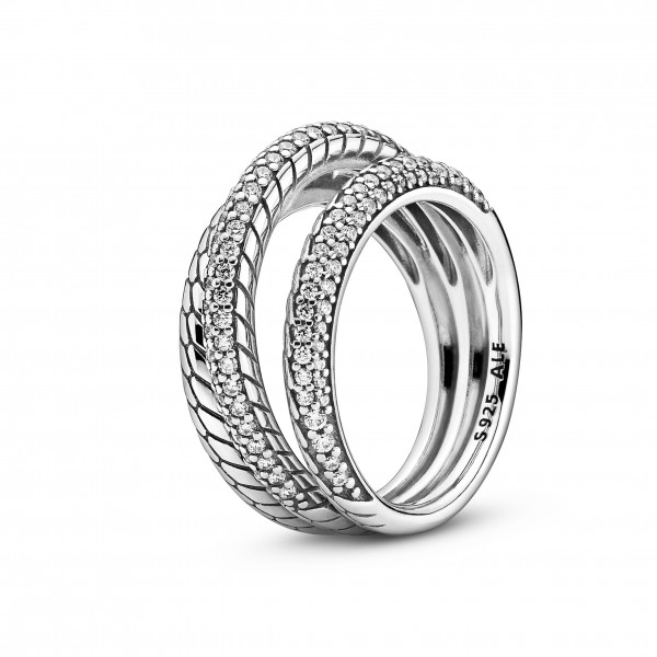 Pandora Bijou Argent - Triple Anneau Motif Maille Serpent Pavé - Doigt 52