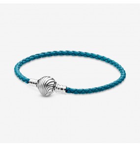 Pandora Bijou Argent - Bracelet Cuir Tressé Turquoise Fermoir Coquillage Pandora Moments - Taille 2