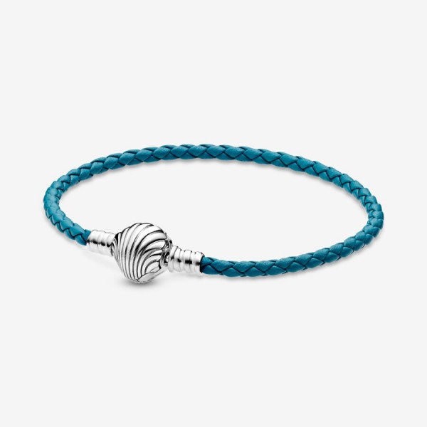 Pandora Bijou Argent - Bracelet Cuir Tressé Turquoise Fermoir Coquillage Pandora Moments - Taille 2