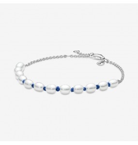 Bracelet Chaîne et Cordon Bleu Perles de Culture dEau Douce - 18 cm