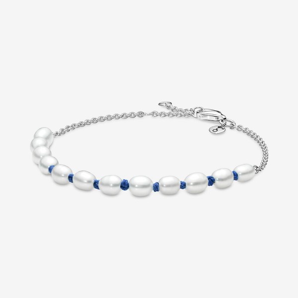Bracelet Chaîne et Cordon Bleu Perles de Culture dEau Douce - 18 cm