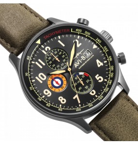Montre Homme AVI-8 Hawker Hurricane cadran gris/bracelet cuir vert  - AV-4011-0D