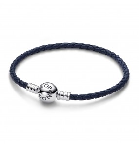Bracelet Pandora en Cuir Tressé Bleu à Fermoir Rond Pandora Moments