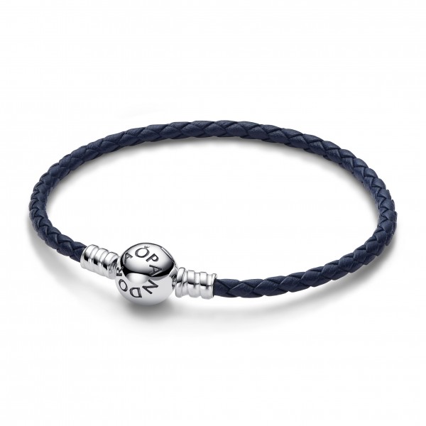 Bracelet Pandora en Cuir Tressé Bleu à Fermoir Rond Pandora Moments