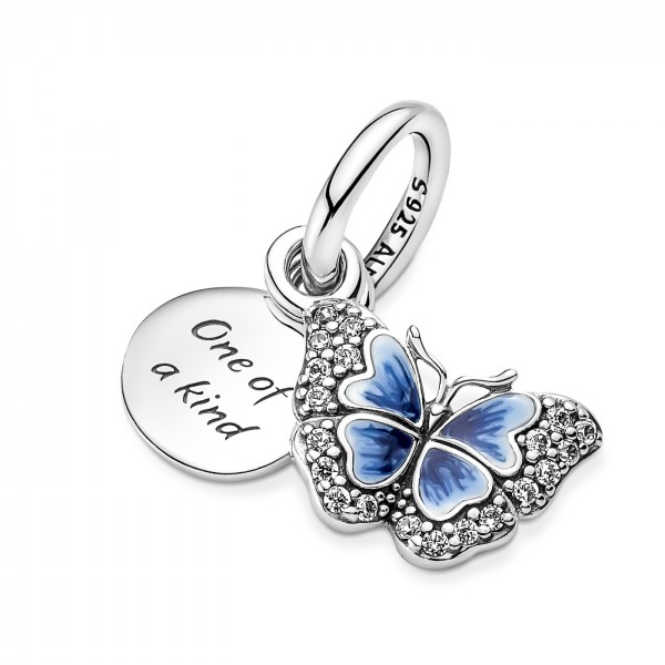 Double Charm Pandora Pendant Papillon Bleu et Citation