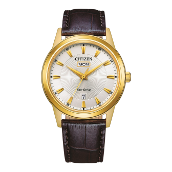 Citizen - Montre Eco-Drive Classic Elegant blanc acier doré et bracelet en cuir - Ref AW0102-13AE