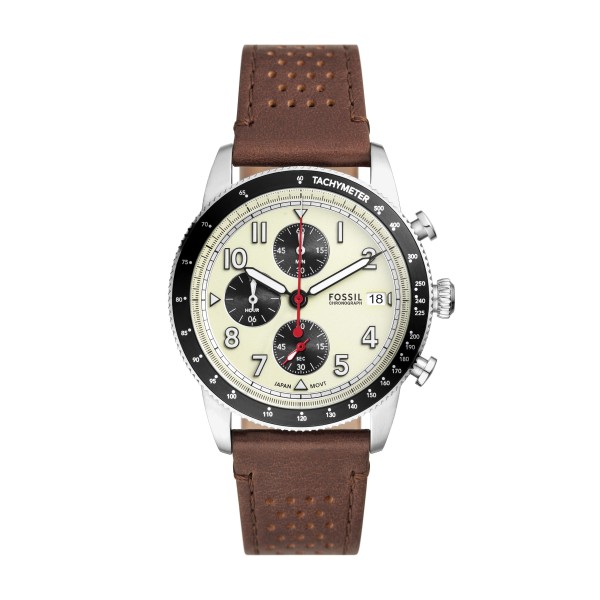 Fossil - Montre Sport Tourer chronographe crème et bracelet cuir marron - Ref FS6042