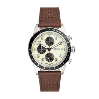 Fossil - Montre Sport Tourer chronographe crème et bracelet cuir marron - Ref FS6042
