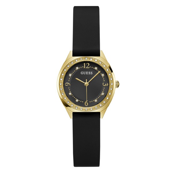 Guess - Montre Charlotte noir acier doré et bracelet en silicone noir avec strass blanc - Ref GW0820L1