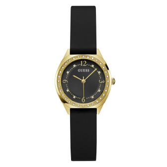 Guess - Montre Charlotte noir acier doré et bracelet en silicone noir avec strass blanc - Ref GW0820L1