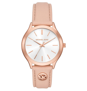 Michael Kors - Montre Slim runway blanc et bracelet en cuir rose - Ref MK7467