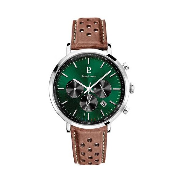 Pierre Lannier - Montre Baron vert et bracelet en cuir perforé brun - Ref 219G164